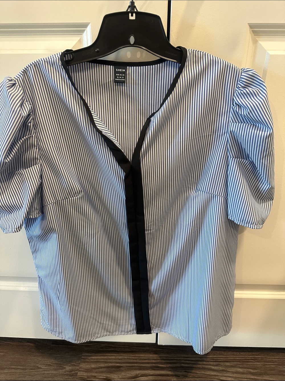 SHEIN Blue and White Pinstripe Puff Sleeve Shirt with Black Trim